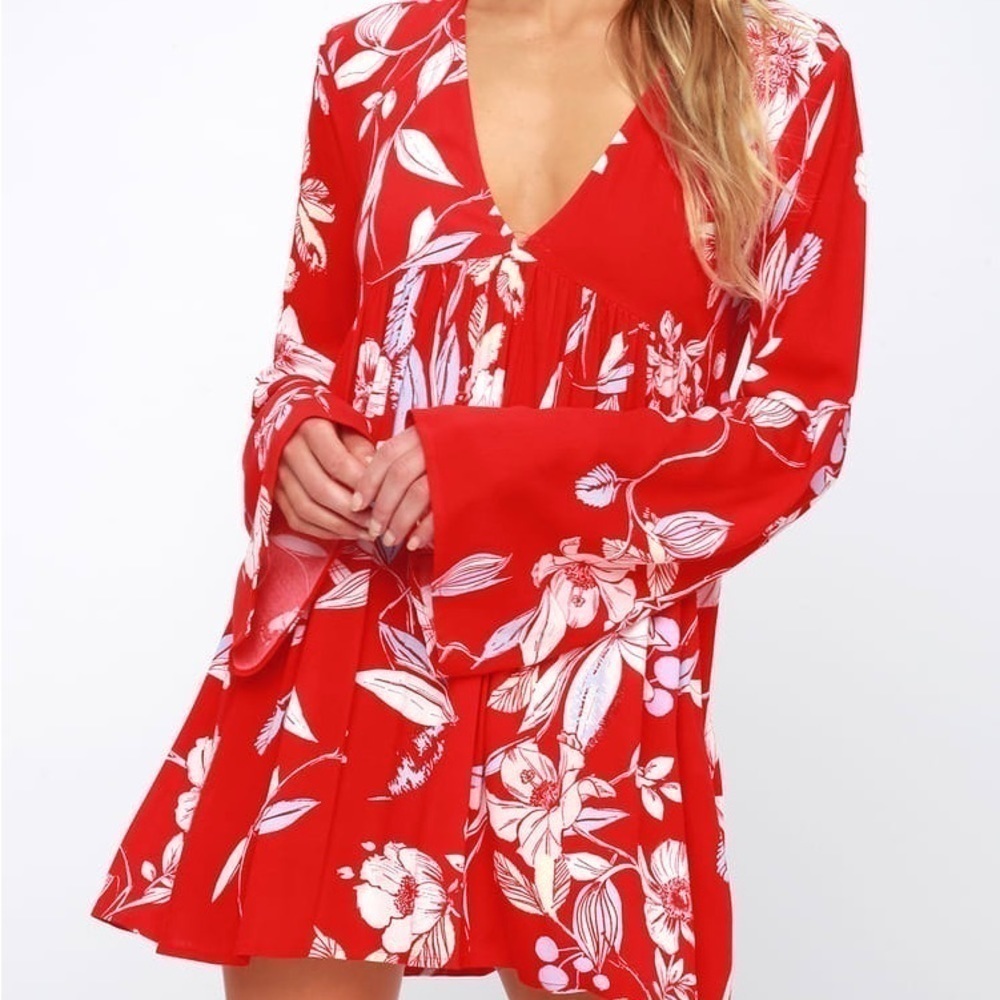 Free People Bella Floral Print V-Neck Tunic Dress Red Boho Size XS